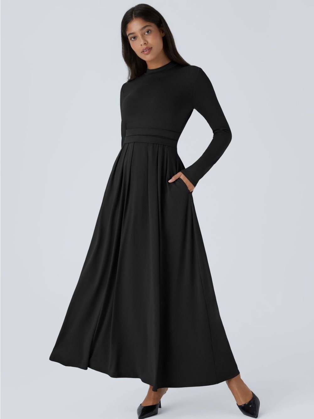 HALARA mock-neck Black Long-Sleeve pockets flare Maxi Dress XL